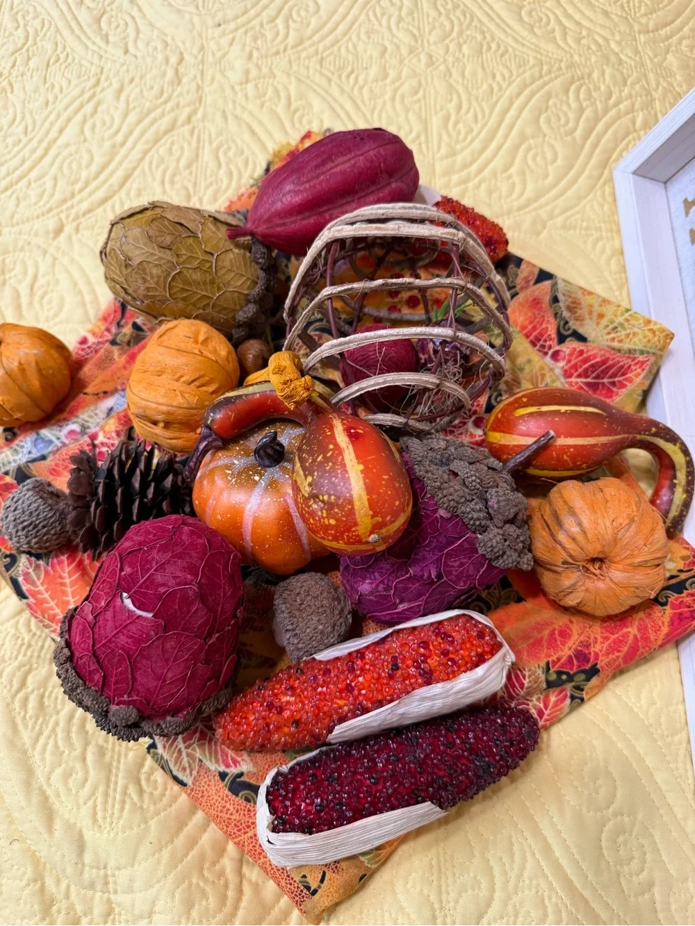 Autumn Harvest Decorative Picture Fall Fabric with Mini Pumpkins Lot